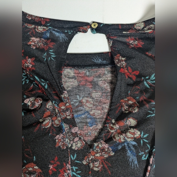 Free People EUC Womens Size Xs 3/4 Sleeve Floral Black Red Blouse Shirt Top Boho - Picture 9 of 14